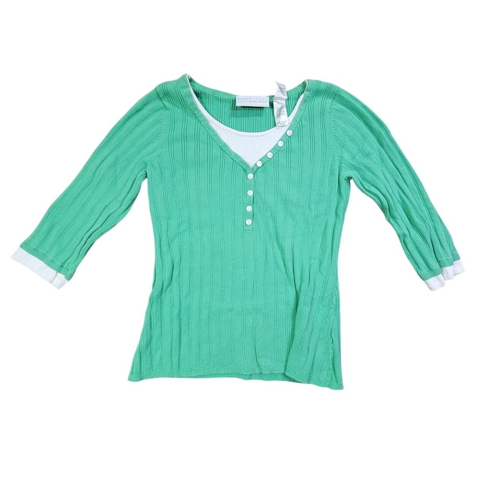 First Issue Sweater Women Medium Green Ribbed Henley V Neck 34 Sleeve Preppy Top